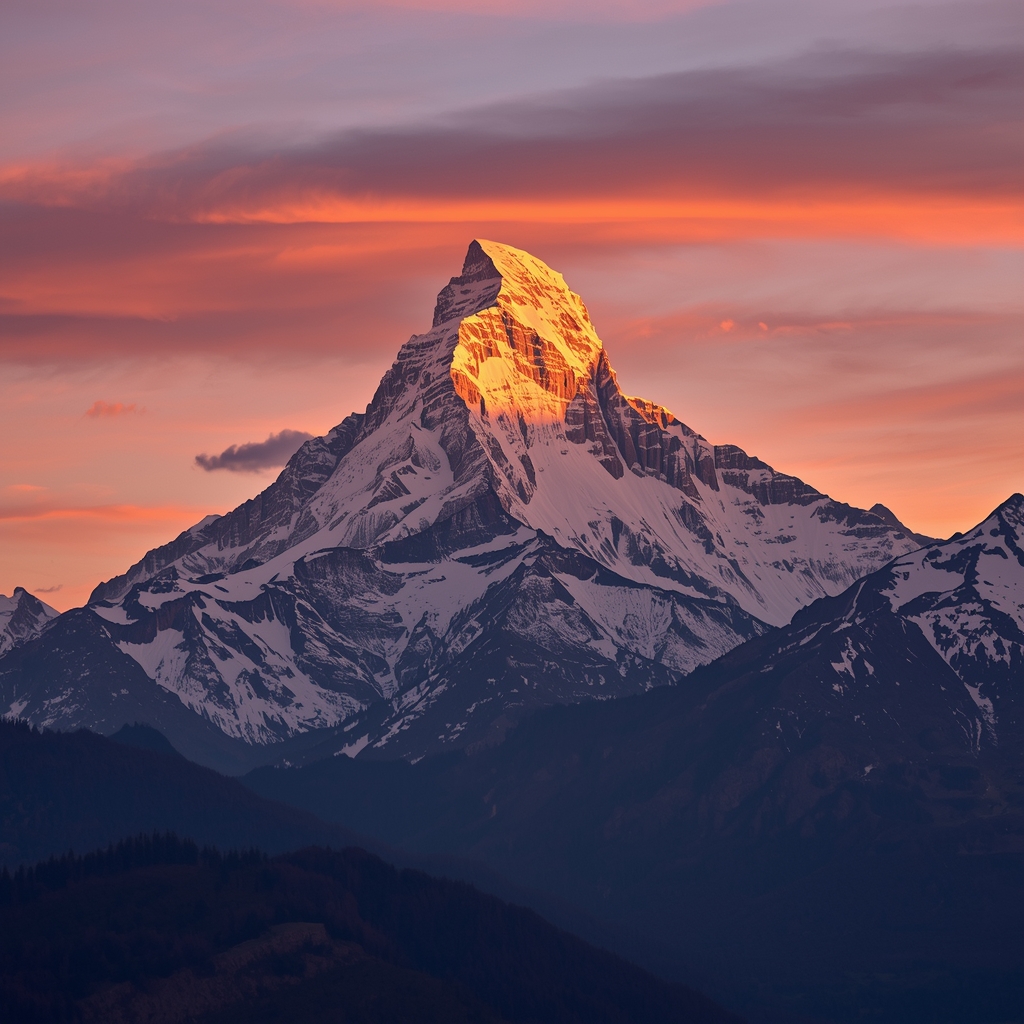 Majestic mountain peak at sunset with golden light hitting snow, photorealistic landscape, 8k resolution, no people